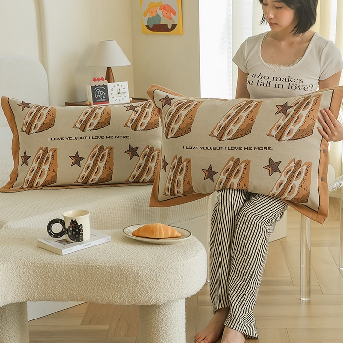 91家纺网 家纺一手货源 找家纺 2024新款全棉四层纱布枕套一对装纽扣款枕套 明星三明治