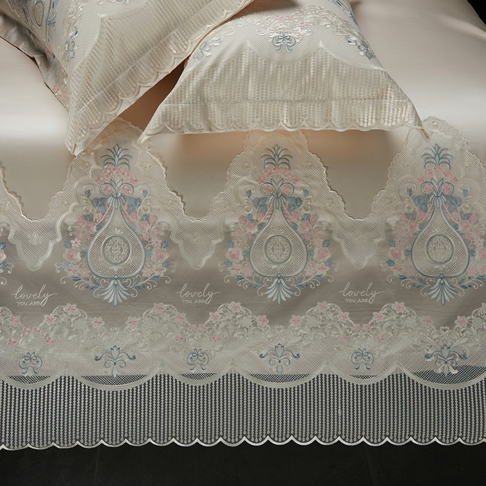 91家纺网 家纺一手货源 找家纺 2024新款高端蕾丝重磅真丝棉系列四件套-爱兰朵 爱兰朵香槟