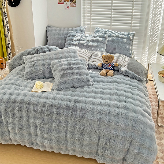 91家纺网 家纺一手货源 找家纺 畅畅家纺 2024新款AB版冬季纯色七彩兔兔绒兔毛绒牛奶绒四件套 高级灰