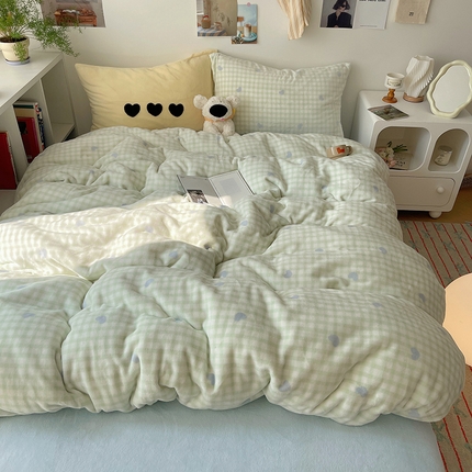 2024新款A类ins少女小清新蝴蝶爱心蝴蝶结毛巾绣混搭牛奶绒系列四件套 绒毛巾绣-格子爱心绿蓝黄