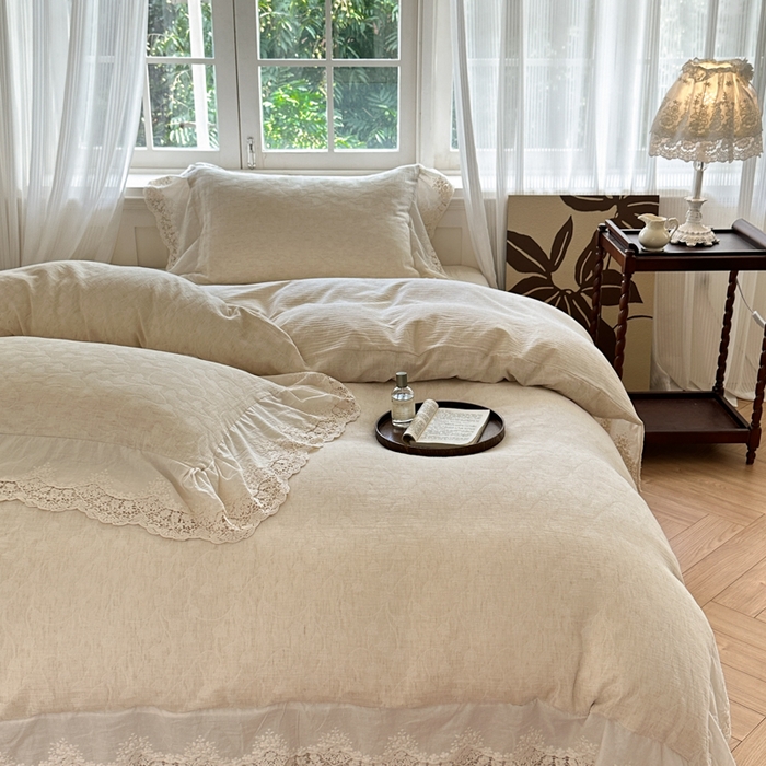 91家纺网 家纺一手货源 找家纺 淑女公社家纺 2024四季新款法式大花边棉麻四件套 云枝