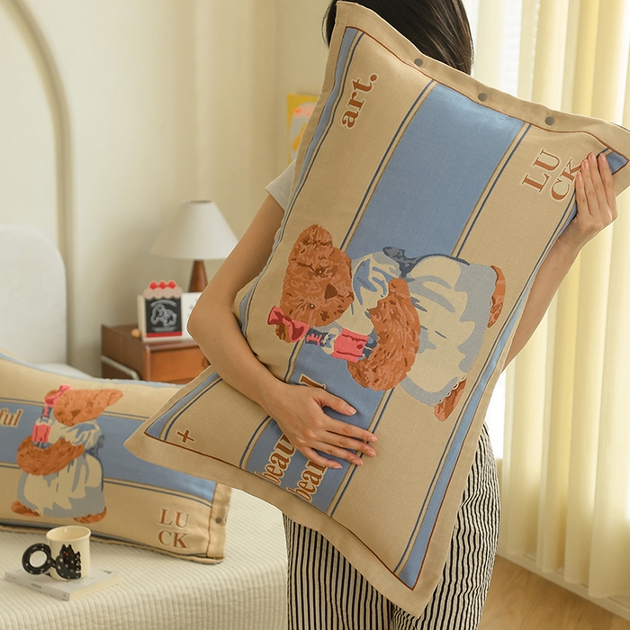 91家纺网 家纺一手货源 找家纺 2024新款全棉四层纱布枕套一对装纽扣款枕套 汤姆女士