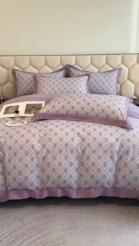 91家纺网 家纺一手货源 找家纺 雲归梦 2024新款全棉纯棉轻奢加厚磨毛拼角工艺四件套 漫语-梦幻紫