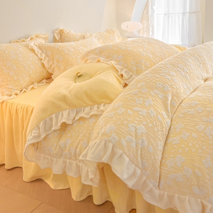 91家纺网 家纺一手货源 找家纺 2024新款加厚牛奶绒韩版雕花四件套风格1（温馨） 飞鸟