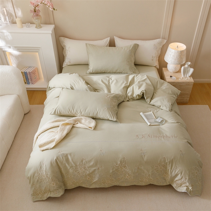 91家纺网 家纺一手货源 找家纺 艾莱家纺 2024新款A类新疆长绒棉加厚柔顺磨毛四件套-花开烂漫 花开烂漫-灰豆绿