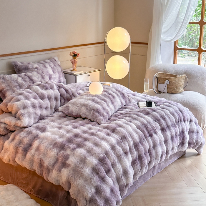 91家纺网 家纺一手货源 找家纺 畅畅家纺 2024新款AB版冬季纯色七彩兔兔绒兔毛绒牛奶绒四件套 七彩-紫