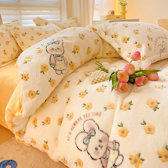 91家纺网 家纺一手货源 找家纺 2024新款加厚雪花绒印花四件套-风格二（提供卖家秀） 田园兔(黄)