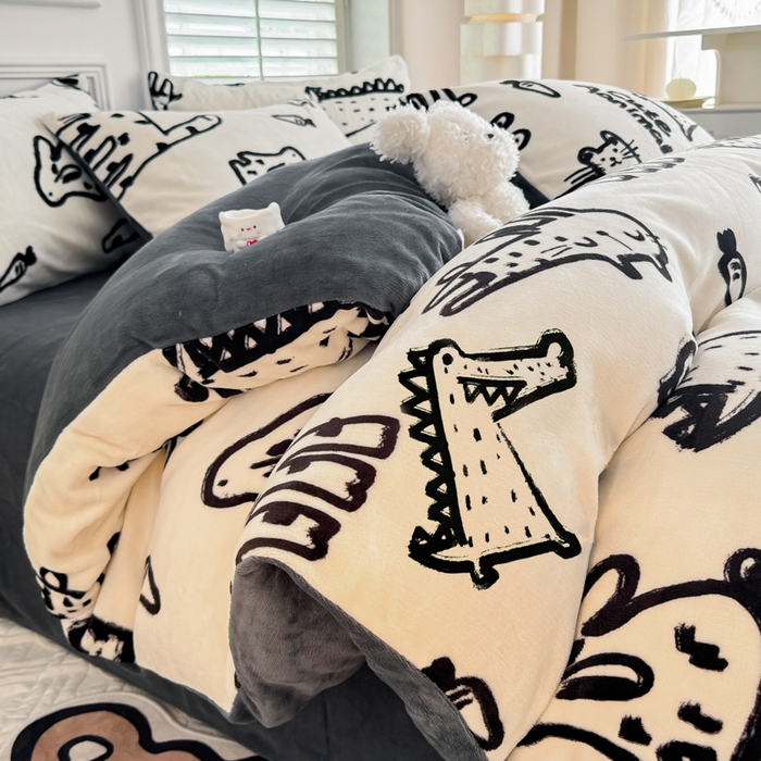 91家纺网 家纺一手货源 找家纺 简宜家居 2025新款牛奶绒印花四件套 简笔画