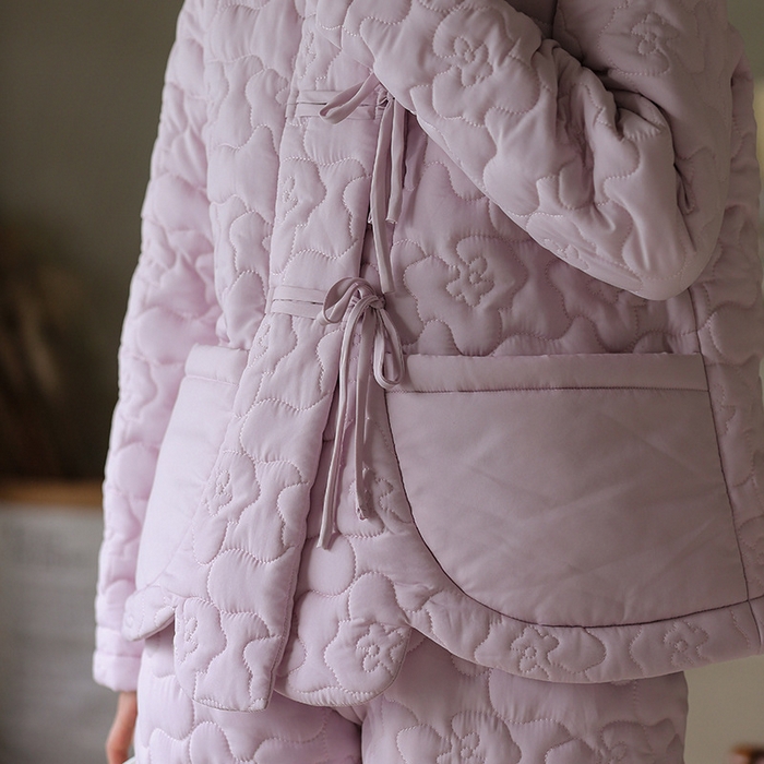 91家纺网 家纺一手货源 找家纺 洛兰沙家居馆 2024新款睡衣女秋冬季三层夹棉珊瑚绒加厚保暖两件套女士可外穿加绒家居服 淡紫色