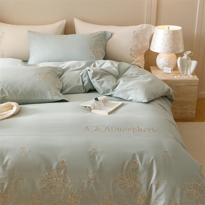 91家纺网 家纺一手货源 找家纺 艾莱家纺 2024新款A类新疆长绒棉加厚柔顺磨毛四件套-花开烂漫 花开烂漫-芦草绿