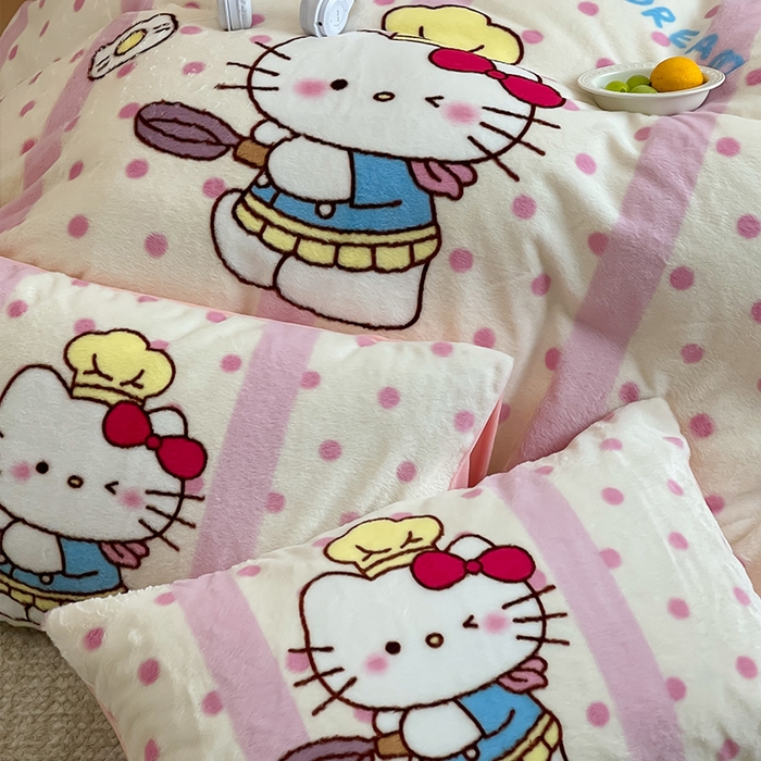 91家纺网 家纺一手货源 找家纺 安哆啦家纺 2024新款兔毛绒大版卡通牛奶绒兔兔绒印花四件套 烹饪猫