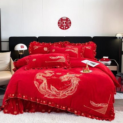 蒂爵 全棉纯棉抗静电宝宝绒婚庆绣花四件套 龙盘凤舞