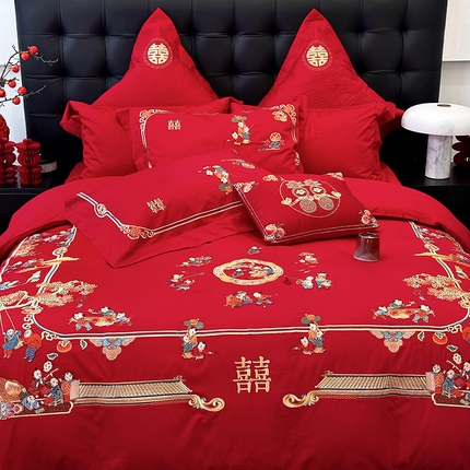 91家纺网 家纺一手货源 找家纺 （总）JUICY 橘滋家纺 2024新款100支全棉提花高端婚庆《囍》系列四件套