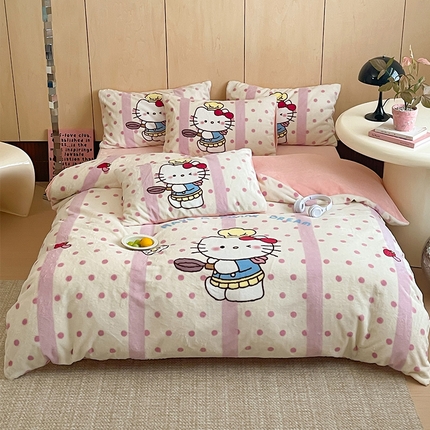 91家纺网 家纺一手货源 找家纺 安哆啦家纺 2024新款兔毛绒大版卡通牛奶绒兔兔绒印花四件套 烹饪猫