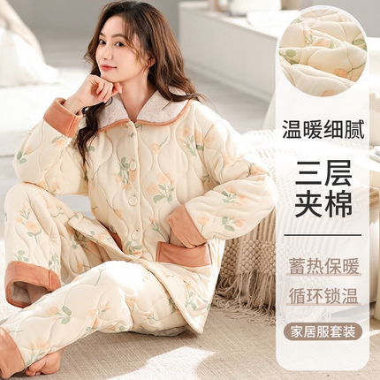 91家纺网 家纺一手货源 找家纺 （总）洛兰沙家居馆 2024新款清新款睡衣女秋冬三层夹棉珊瑚绒加厚保暖两件套女士可外穿加绒家居服