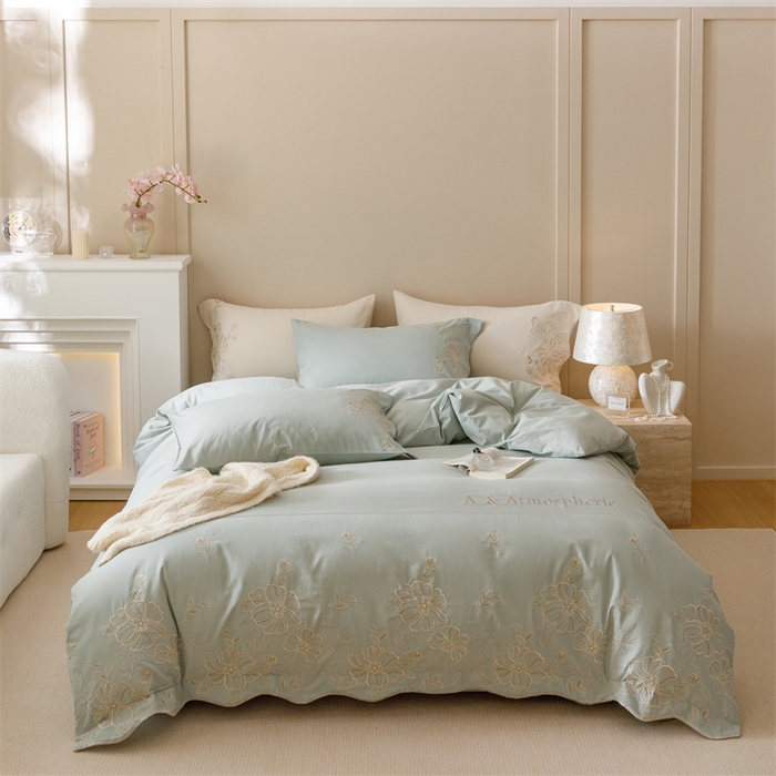 91家纺网 家纺一手货源 找家纺 艾莱家纺 2024新款A类新疆长绒棉加厚柔顺磨毛四件套-花开烂漫 花开烂漫-芦草绿