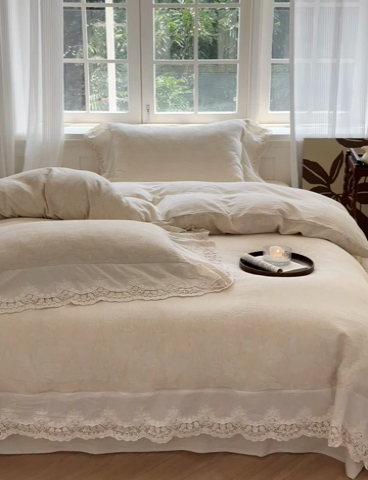 91家纺网 家纺一手货源 找家纺 淑女公社家纺 2024四季新款法式大花边棉麻四件套 蝶恋花