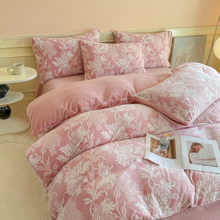 大境 2024新款8斤A类230克牛奶绒提花烂花四件套床笠款床单款 罗曼 贝壳粉