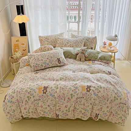 91家纺网 家纺一手货源 找家纺 金梦拉家纺 2024年秋冬新款加厚保暖绒牛奶绒印花四件套 牛奶绒-森林伙伴