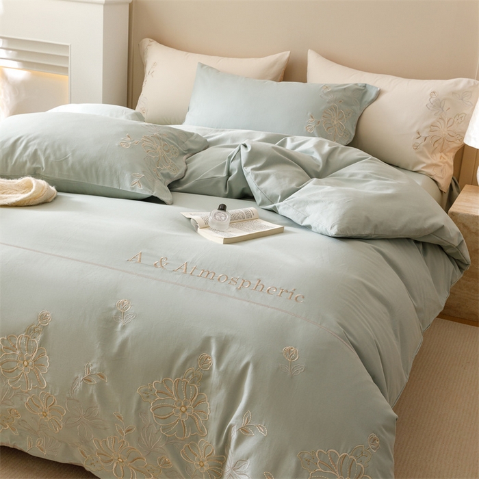 91家纺网 家纺一手货源 找家纺 艾莱家纺 2024新款A类新疆长绒棉加厚柔顺磨毛四件套-花开烂漫 花开烂漫-芦草绿