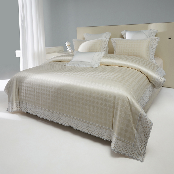 91家纺网 家纺一手货源 找家纺 2024新款高端蕾丝重磅真丝棉系列四件套-克莱斯特 克莱斯特-香槟