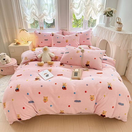 红粉佳人 2025新款小清新双面牛奶绒四件套可爱熊