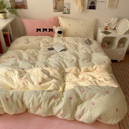 2024新款A类ins少女小清新蝴蝶爱心蝴蝶结毛巾绣混搭牛奶绒系列四件套 绒毛巾绣-格子爱心黄粉粉