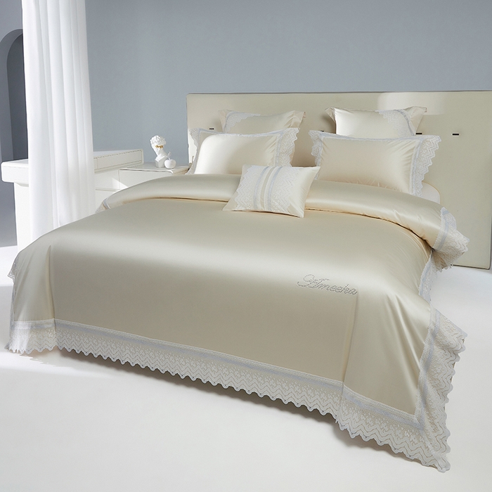 91家纺网 家纺一手货源 找家纺 2024新款高端蕾丝重磅真丝棉系列四件套-德鲁斯 德鲁斯 香槟