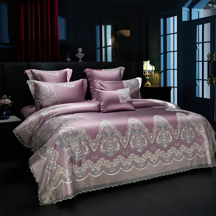 91家纺网 家纺一手货源 找家纺 2024新款高端蕾丝重磅真丝棉系列四件套-爱兰朵 爱兰朵豆沙