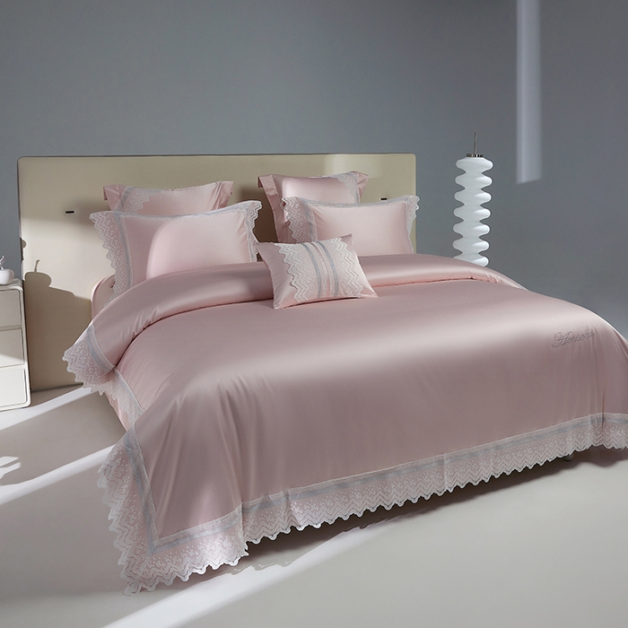 91家纺网 家纺一手货源 找家纺 2024新款高端蕾丝重磅真丝棉系列四件套-德鲁斯 德鲁斯 浅粉