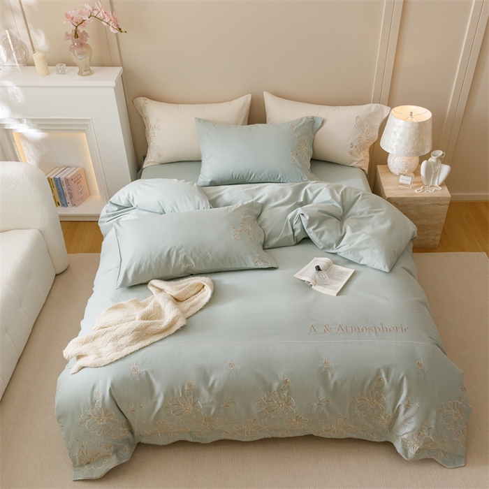 91家纺网 家纺一手货源 找家纺 艾莱家纺 2024新款A类新疆长绒棉加厚柔顺磨毛四件套-花开烂漫 花开烂漫-芦草绿