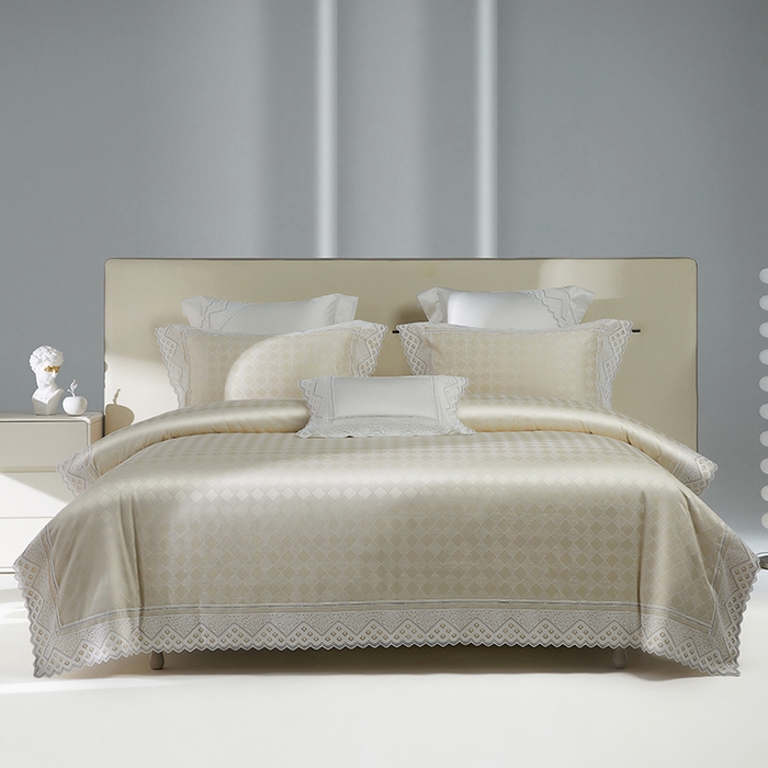 91家纺网 家纺一手货源 找家纺 2024新款高端蕾丝重磅真丝棉系列四件套-克莱斯特 克莱斯特-香槟