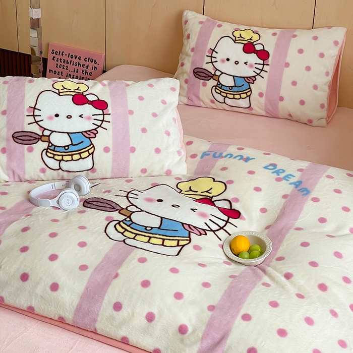 91家纺网 家纺一手货源 找家纺 安哆啦家纺 2024新款兔毛绒大版卡通牛奶绒兔兔绒印花四件套 烹饪猫