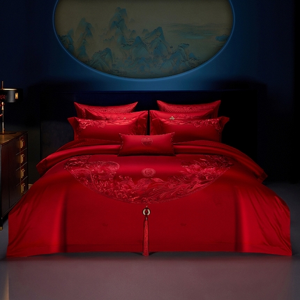 91家纺网 家纺一手货源 找家纺 （总）2024新款刺绣长绒棉婚庆重磅新品多件套-龙凤吉祥 红