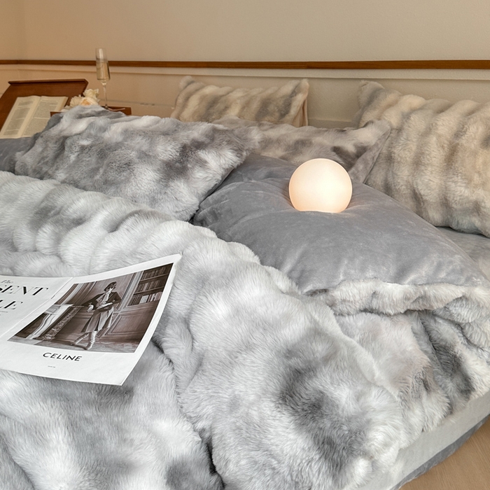 91家纺网 家纺一手货源 找家纺 畅畅家纺 2024新款AB版冬季纯色七彩兔兔绒兔毛绒牛奶绒四件套 七彩-灰