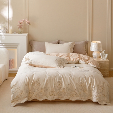 艾莱家纺 2024新款A类新疆长绒棉加厚柔顺磨毛四件套-花开烂漫 花开烂漫-白鹭