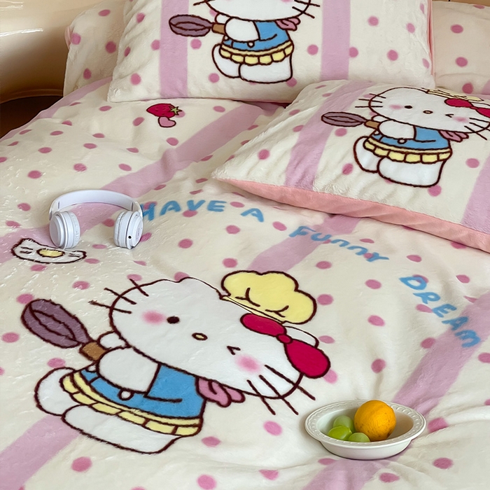 91家纺网 家纺一手货源 找家纺 安哆啦家纺 2024新款兔毛绒大版卡通牛奶绒兔兔绒印花四件套 烹饪猫