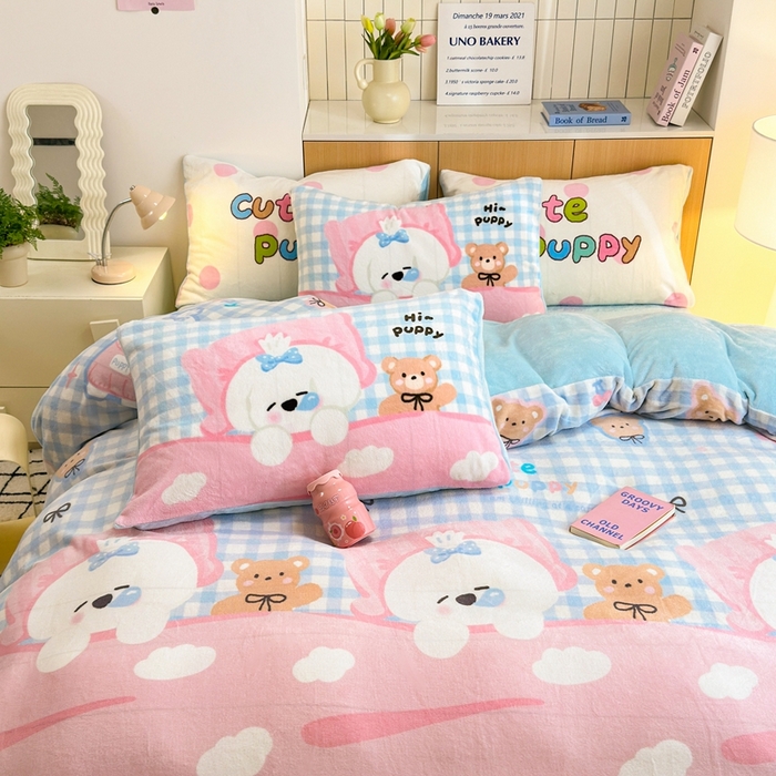 91家纺网 家纺一手货源 找家纺 柚子YOUTH 2024新款加厚纯印花牛奶绒四件套 晚安狗