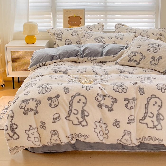 91家纺网 家纺一手货源 找家纺 2024新款加厚雪花绒印花四件套-风格二（提供卖家秀） 灰色轨迹