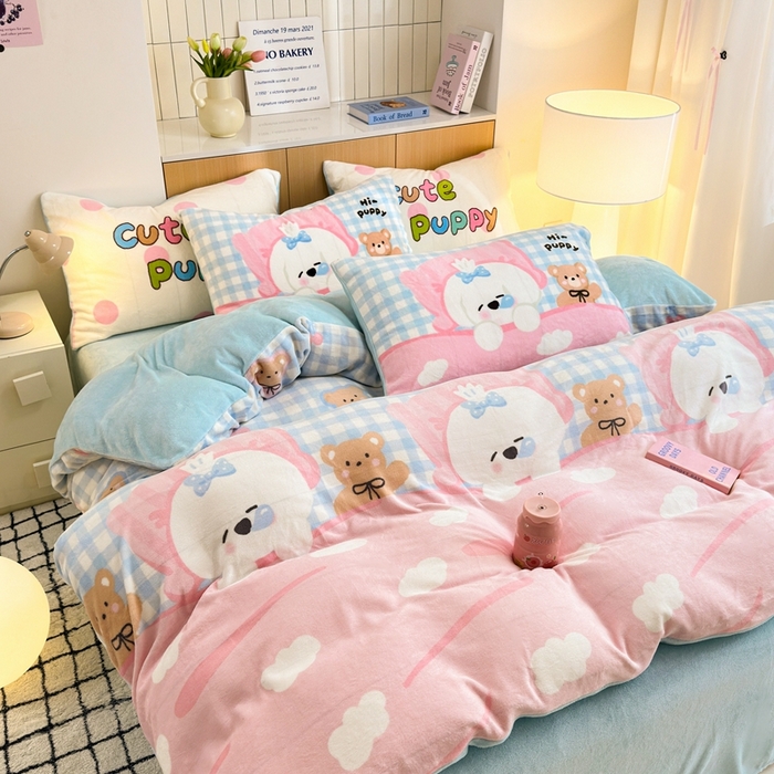 91家纺网 家纺一手货源 找家纺 柚子YOUTH 2024新款加厚纯印花牛奶绒四件套 晚安狗