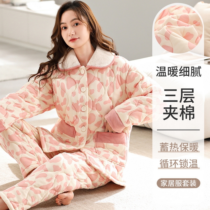 91家纺网 家纺一手货源 找家纺 洛兰沙家居馆 2024新款清新款睡衣女秋冬三层夹棉珊瑚绒加厚保暖两件套女士可外穿加绒家居服 99076