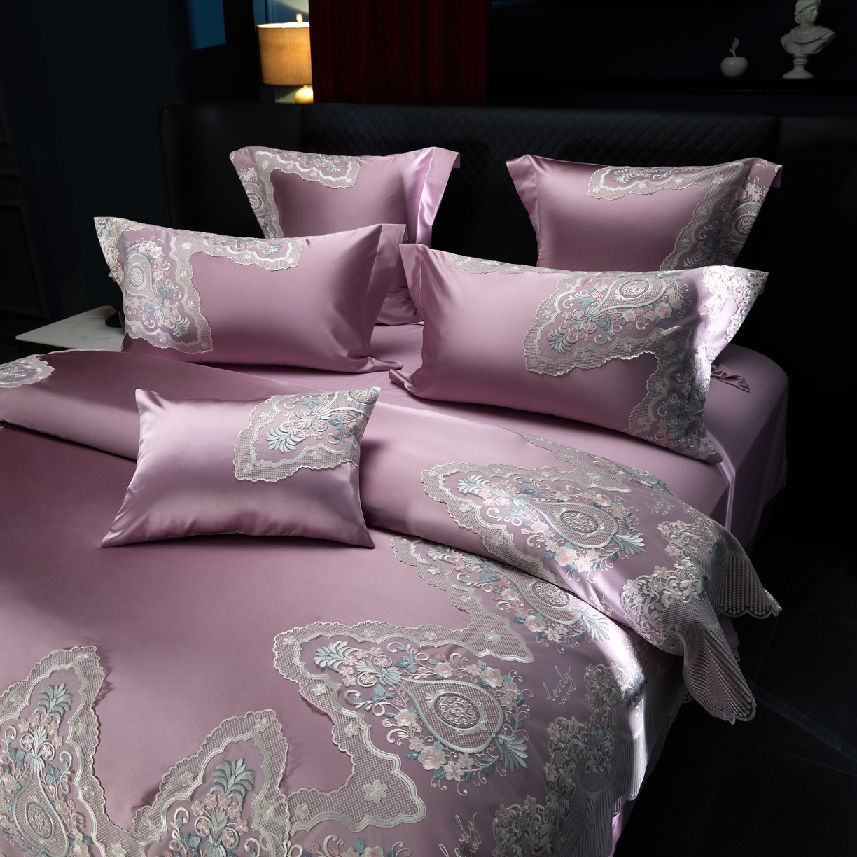 91家纺网 家纺一手货源 找家纺 2024新款高端蕾丝重磅真丝棉系列四件套-爱兰朵 爱兰朵豆沙