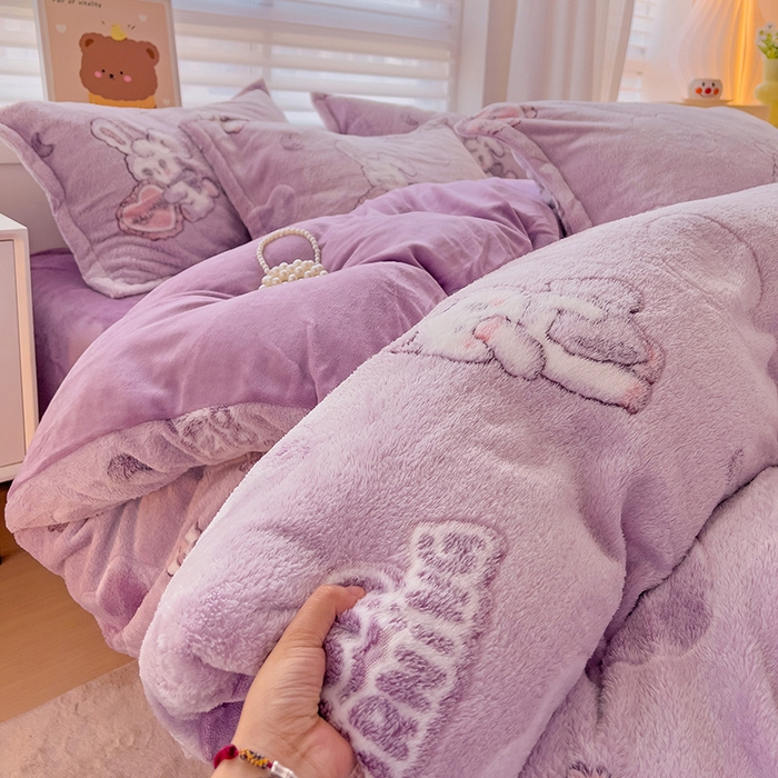 91家纺网 家纺一手货源 找家纺 2024新款加厚雪花绒印花单件被套-风格二（提供卖家秀 ） 爱心免(紫)