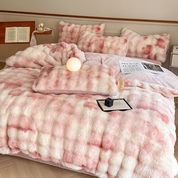 91家纺网 家纺一手货源 找家纺 畅畅家纺 2024新款AB版冬季纯色七彩兔兔绒兔毛绒牛奶绒四件套 七彩-粉