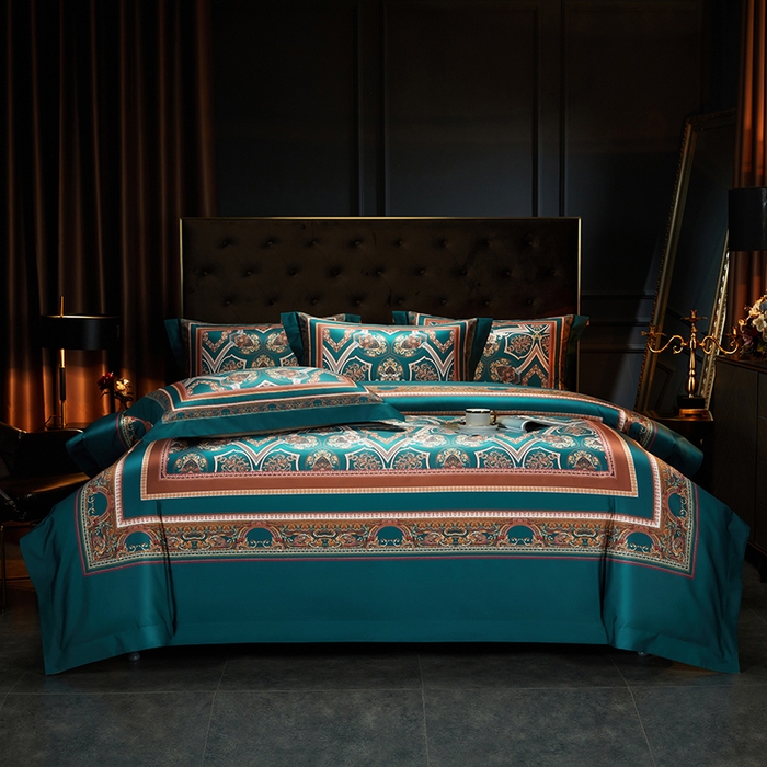 91家纺网 家纺一手货源 找家纺 2024新款100s长绒棉数码印花大版定位四件套 塞维尼亚