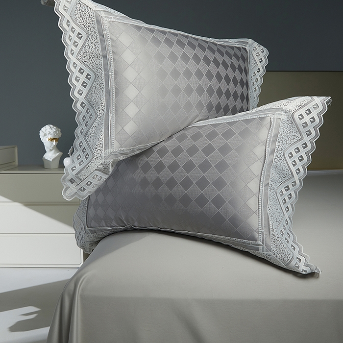 91家纺网 家纺一手货源 找家纺 2024新款高端蕾丝重磅真丝棉系列四件套-克莱斯特 克莱斯特 浅灰