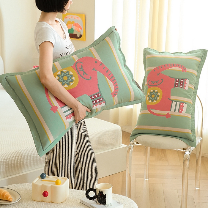 91家纺网 家纺一手货源 找家纺 2024新款全棉四层纱布枕套一对装纽扣款枕套 简约小象