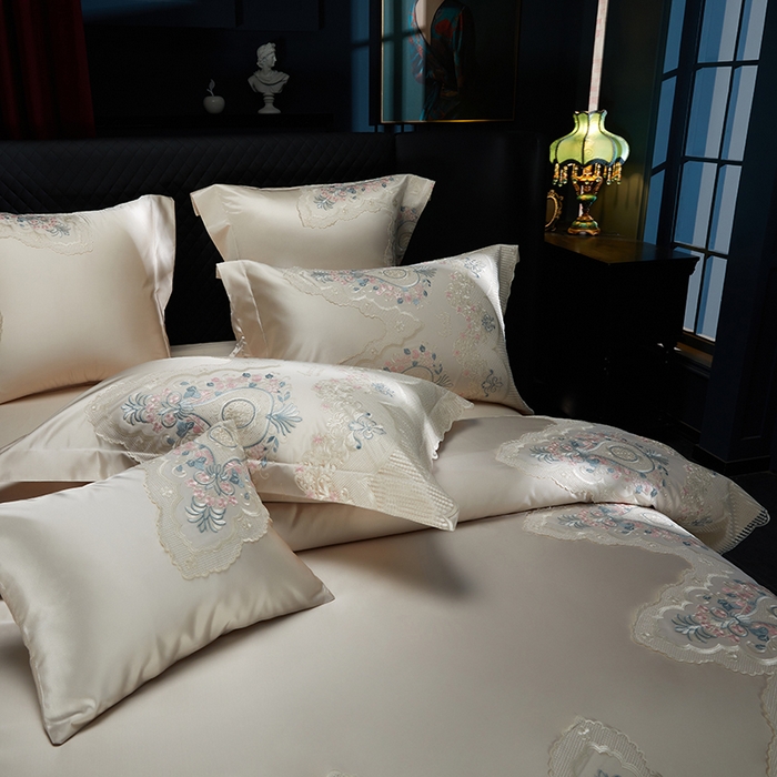 91家纺网 家纺一手货源 找家纺 2024新款高端蕾丝重磅真丝棉系列四件套-爱兰朵 爱兰朵香槟