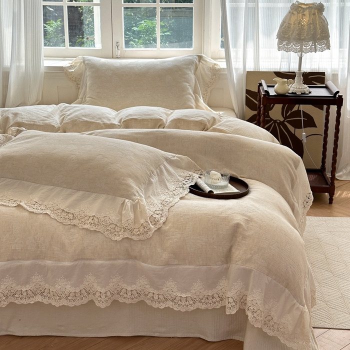 91家纺网 家纺一手货源 找家纺 淑女公社家纺 2024四季新款法式大花边棉麻四件套 蝶恋花