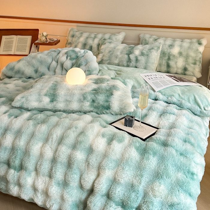 91家纺网 家纺一手货源 找家纺 畅畅家纺 2024新款AB版冬季纯色七彩兔兔绒兔毛绒牛奶绒四件套 七彩-绿